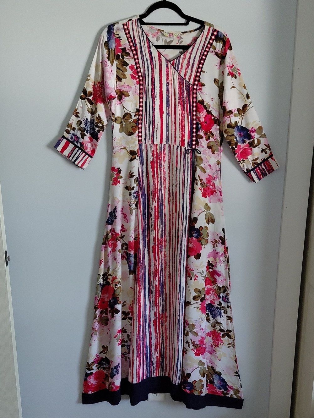 Boho Floral Vibrant Pink Maxi Dress 3/4 Sleeve Summer Cruise Vacation